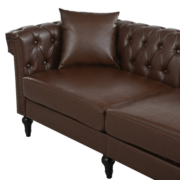 English Elm Sectional Chesterfield Sofa with Tufted Back Nailhead Trim Pu Leather 5 Seat Living Room Dark Brown W680S00113