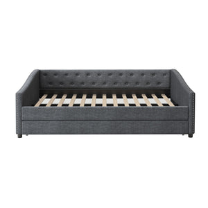 English Elm Full Size Daybed With Twin Trundle - Elegant Upholstered Sofa Bed With Tufted Back & Copper Trim W2336S00043