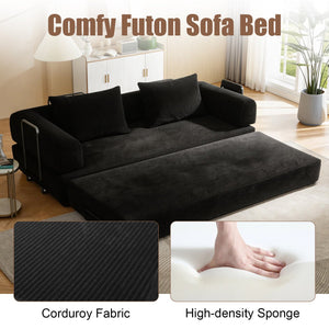 English Elm 78 Inch Corduroy Convertible Sofa Sleeper Futon with Foldable Armrests for Studio Rooms Black W5385P455023