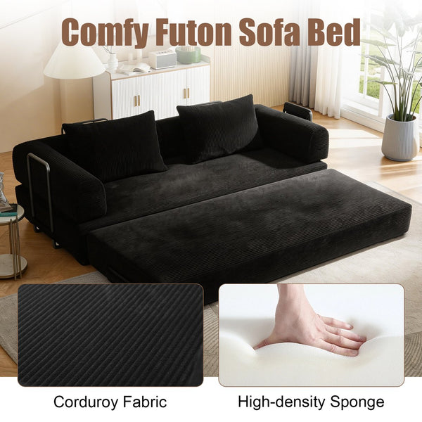 English Elm 78 Inch Corduroy Convertible Sofa Sleeper Futon with Foldable Armrests for Studio Rooms Black W5385P455023