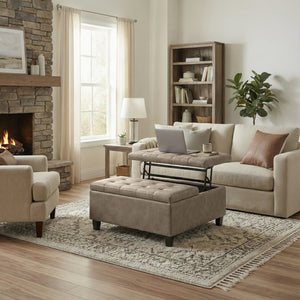 English Elm Harrison Tufted Faux Leather Storage Ottoman with Lift Top for Living Room Use B136P439027