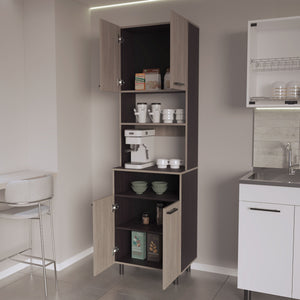 English Elm White Oak Modern Pantry Cabinet with Open Shelves, 4 Doors, Wengue Accents & Metal Legs - Sleek Storage Solution B062P323175