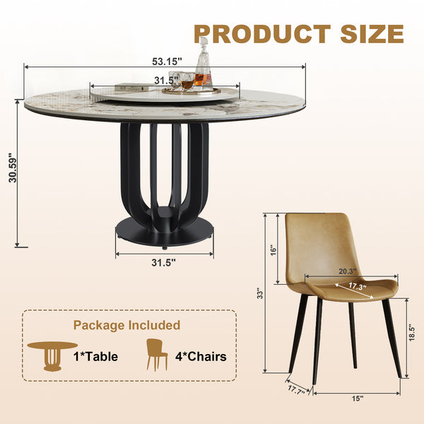 English Elm 53" Round Sintered Stone Dining Table With Lazy Susan & Carbon Steel Base - Modern Kitchen Elegance W2699S00042