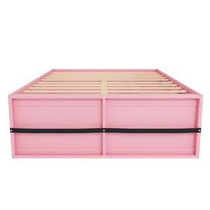 English Elm Queen Storage Platform Bed with Led Lighting Bookshelf Display Cabinet and Pull-out Drawer Pink+White N820S00078H
