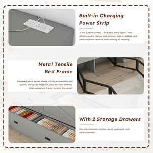 English Elm 57 Inch Murphy Bed Cabinet with Storage Drawers Charging Station and Rolling Casters Gray W509S00156