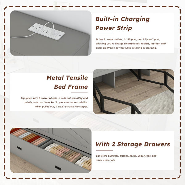 English Elm 57 Inch Murphy Bed Cabinet with Storage Drawers Charging Station and Rolling Casters Gray W509S00156