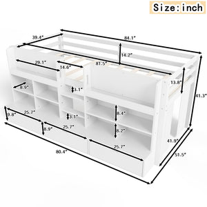 English Elm Twin Xl Low Loft Bed with Curtain Hideaway Chalkboard and Built-in Storage Shelves W1580S00399