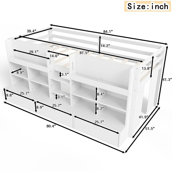 English Elm Twin Xl Low Loft Bed with Curtain Hideaway Chalkboard and Built-in Storage Shelves W1580S00399