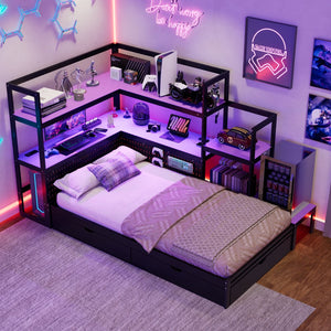 English Elm Twin Gaming Daybed with Led Strips Desk Pegboard Bookcase and Three Storage Drawers Purple+Black N820S00083I