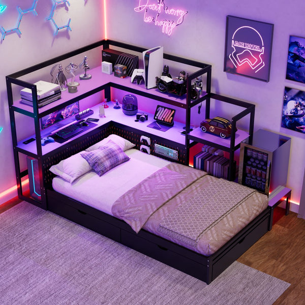 English Elm Twin Gaming Daybed with Led Strips Desk Pegboard Bookcase and Three Storage Drawers Purple+Black N820S00083I