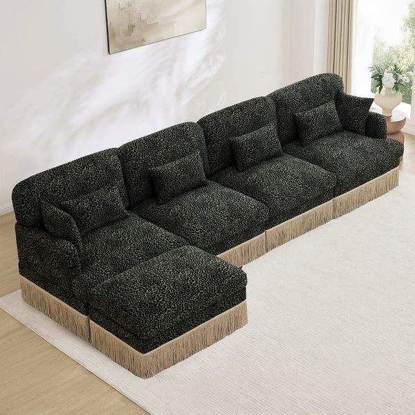 English Elm 131"comfy Chenille Leopard Print Sectional Sofa with Tassel Trim and Movable Ottoman Green W5656S00035