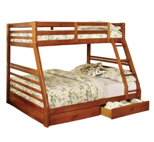 English Elm Oak Twin over Full Bunk Bed with Attached Ladder, Two Under-Bed Drawers, Modern Transitional Design Oak 58 L x 34 W x 8 H B2741S00345