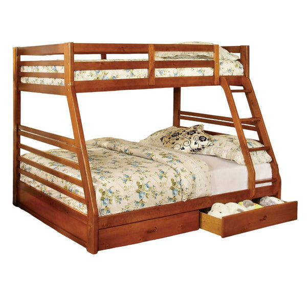 English Elm Oak Twin over Full Bunk Bed with Attached Ladder, Two Under-Bed Drawers, Modern Transitional Design Oak 58 L x 34 W x 8 H B2741S00345