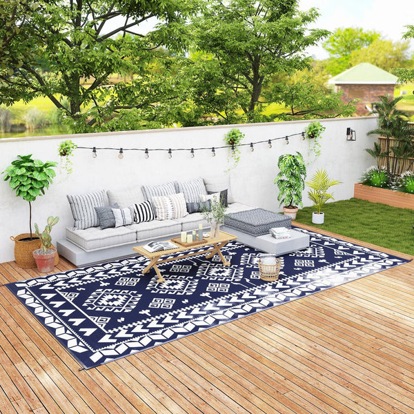 English Elm Outsunny Reversible Polypropylene Outdoor Rug Waterproof Patio Camping Mat with Carry Bag Blue W2225P485546