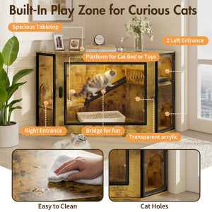 English Elm 48" Corner Mdf Cat Litter Enclosure Cabinet with Led Acrylic Door and Play Loft Tiger N704P402446D
