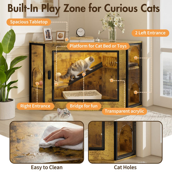 English Elm 48" Corner Mdf Cat Litter Enclosure Cabinet with Led Acrylic Door and Play Loft Tiger N704P402446D