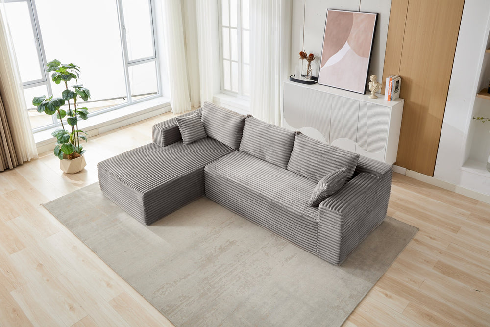 English Elm Compression Modular Sectional Sofa With Deep Chaise – Cozy Grey Corduroy L-Shaped Couch For Small Spaces W3723S00004
