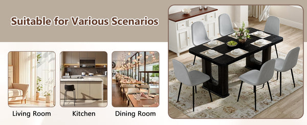 English Elm Table Set - Modern Black Wood Textured Dining Table With 6 Stylish Light Gray Linen-Cotton Chairs W1151S04317-GIGA