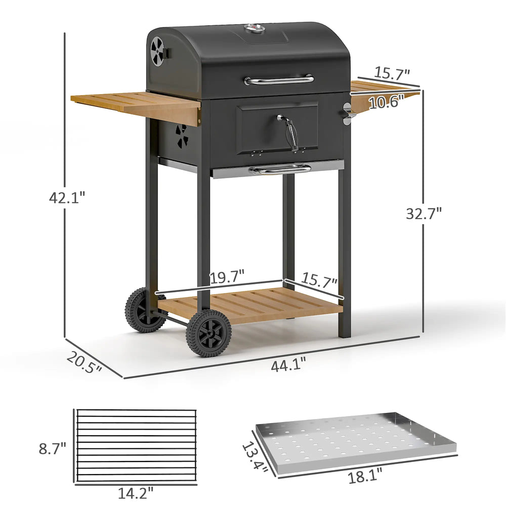 English Elm Charcoal Barrel Grill with Adjustable Heat Control and Enameled Grates for Backyard Cooking T3971P420788