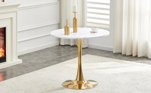 English Elm Round Faux Marble Tulip Pedestal Dining Table Mid Century Modern for Small Bistro Spaces Gold+White W2920P400992