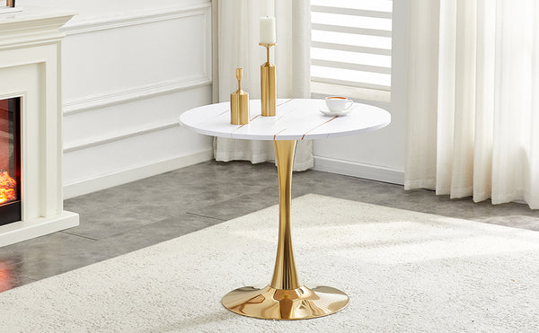 English Elm Round Faux Marble Tulip Pedestal Dining Table Mid Century Modern for Small Bistro Spaces Gold+White W2920P400992