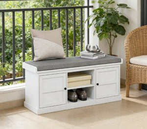 English Elm Entryway Storage Bench with Linen Cushion Enclosed Cabinets and Open Shoe Shelf T3971P430876