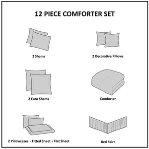 English Elm 12 Piece Comforter Set - Elegant Grey-Blue Jacquard With Cotton Sheets & Decorative Pillows King Size B03596807