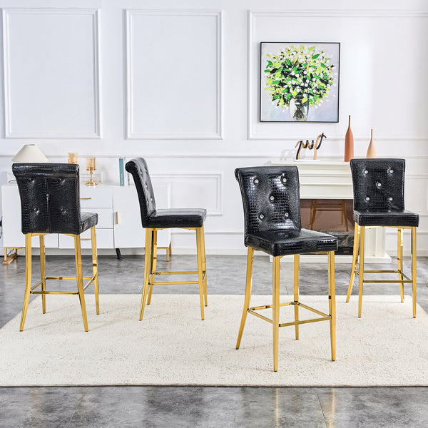 English Elm A Set of 2 Crocodile Embossed Pvc Barstools with Crystal Clasp Detail for Home Bars Black W3875P383116