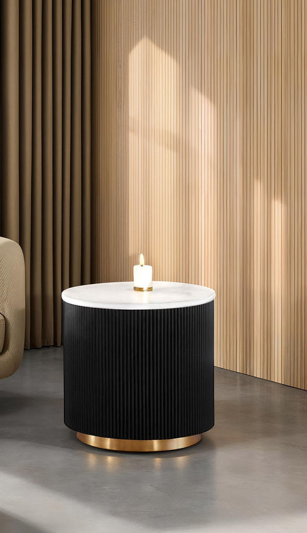 English Elm Contemporary Round End Table With White Marble Top & Gold Accents - Stylish Black Plinth Base B2741P395388