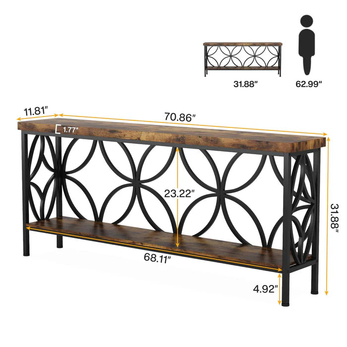 English Elm Coffee Console Table Industrial Metal Frame Vintage Wood Grain 2 Tier Entryway Sofa Black,Rustic Brown T3971P446556