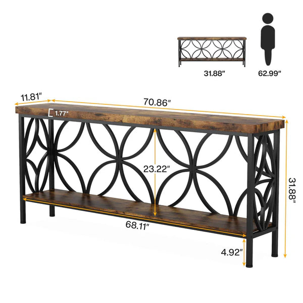 English Elm Coffee Console Table Industrial Metal Frame Vintage Wood Grain 2 Tier Entryway Sofa Black,Rustic Brown T3971P446556