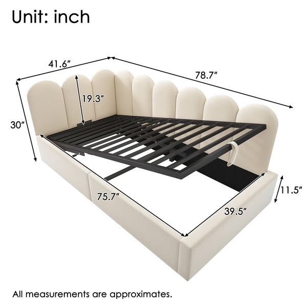 English Elm Upholstered Velvet Daybed with Hydraulic Storage & Metal Slatted Frame, Twin Sofa Bed, 300 lb Capacity Beige N736P333613B