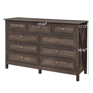 English Elm Wood Rustic Storage Dresser with 9 Drawers, Silver Handles and X Side Accents for Stylish Storage Brown N709P288888D