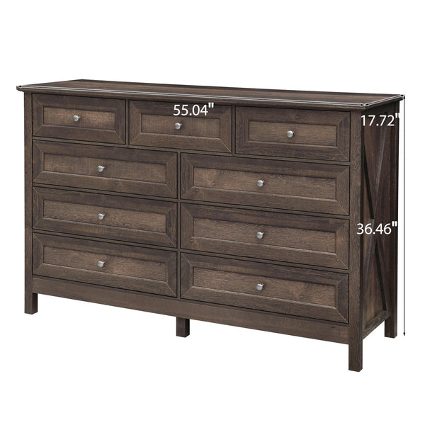 English Elm Wood Rustic Storage Dresser with 9 Drawers, Silver Handles and X Side Accents for Stylish Storage Brown N709P288888D