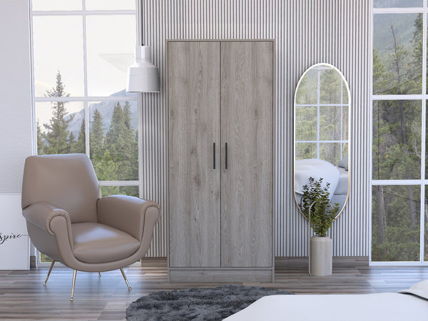 English Elm Armoire, Spacious Engineered Wood Wardrobe with Two Drawers, Hanging Rod and Hidden Storage Appeal Gray 74.8 L x 24.41 W x 4.33 H B097S00153