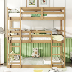 English Elm Triple Rubber Wood Bunk Bed with Built-In Ladders and Guardrails Maximizes Space for Families, Durable Design White Oak W504S00176