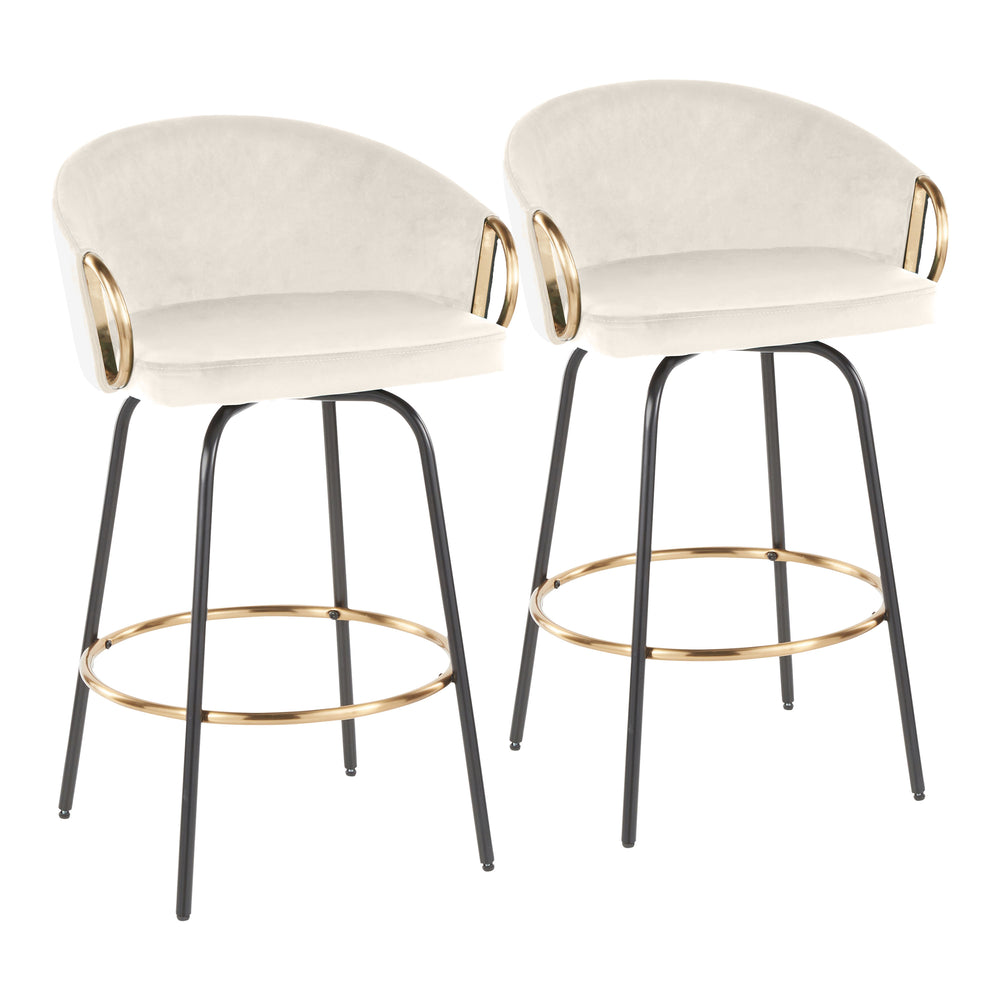 English Elm 26" Swivel Counterstools Cream Velvet Seat Gold Armrests Black Frame Set of 2 B202S00197