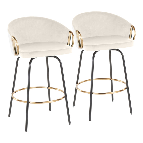 English Elm 26" Swivel Counterstools Cream Velvet Seat Gold Armrests Black Frame Set of 2 B202S00197