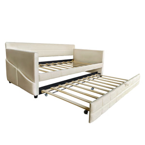 English Elm Modern Velvet Twin Daybed with Pull Out Trundle and Built in Armrest Storage Pockets Beige SF000200AAA