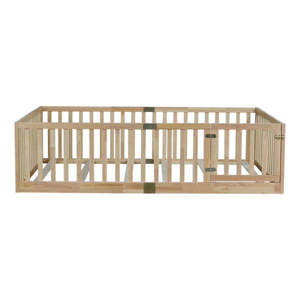 English Elm Twin Montessori Floor Bed Solid Rubber Wood with Safety Fence Rails Toddler Room W504P411200