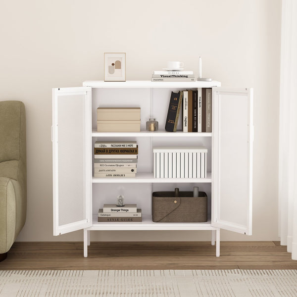 English Elm Amelia Metal Accent Cabinet 32" — Steel Mesh Doors, Adjustable Shelves, Minimalist Legs for Modern Storage Solutions White B365P397882