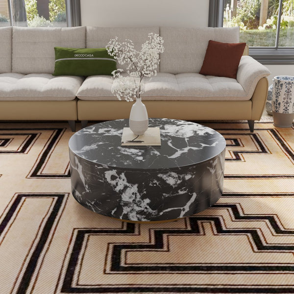 English Elm Tavola Round Coffee Table with Marble Pattern Top and Metal Legs, Two Drawers for Stylish Storage Black B341P321162