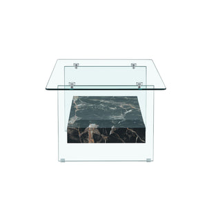 English Elm Rectangular Two Tier Glass Coffee Table with Marble Shelf for Modern Living Rooms W2920P226071