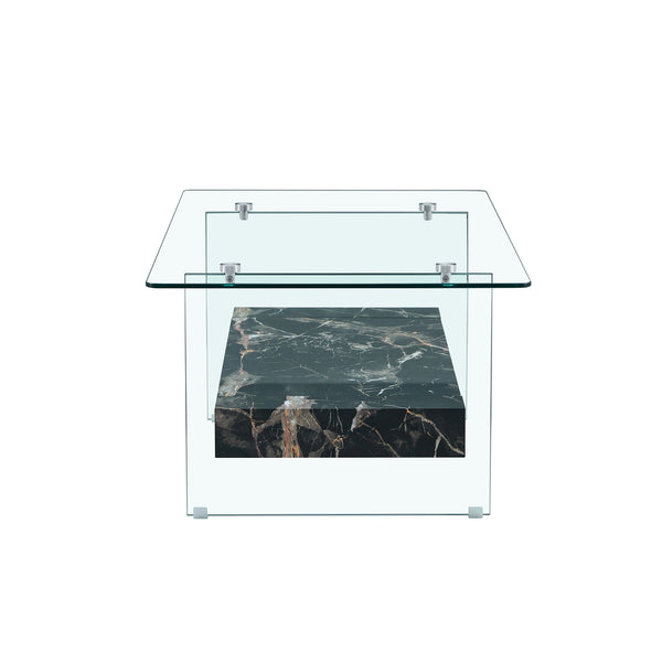 English Elm Rectangular Two Tier Glass Coffee Table with Marble Shelf for Modern Living Rooms W2920P226071