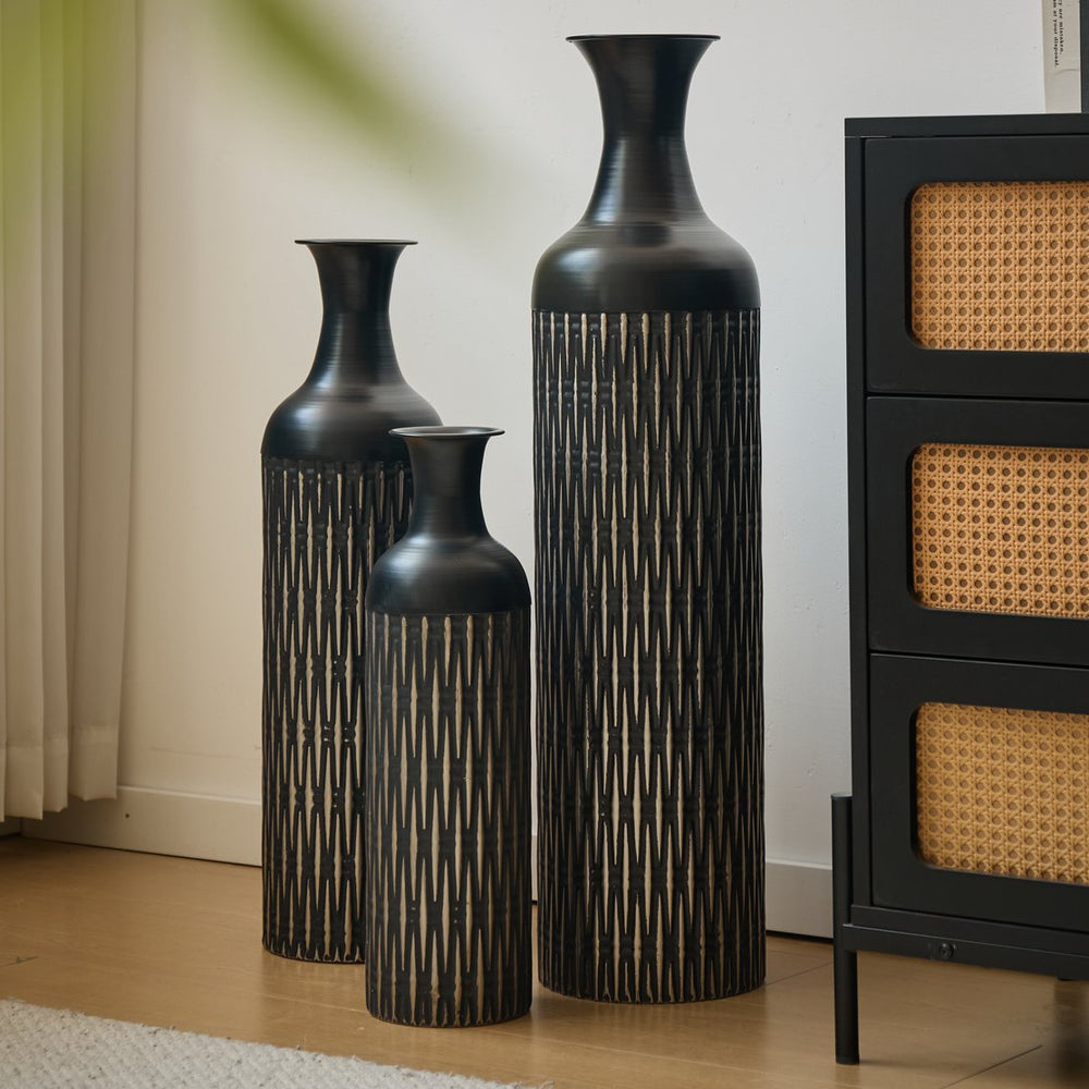 English Elm Decorative Matte Black Metal Floor Vase Trio Embossed Texture for Modern Living Spaces W2796P386870