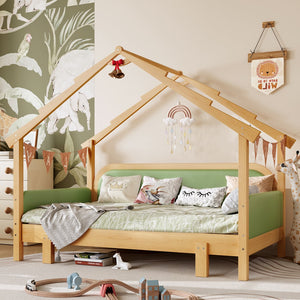 English Elm Twin Pine Treehouse Floor Bed with Padded Rails and Cabin Roofline for Kids Green W1580S00384