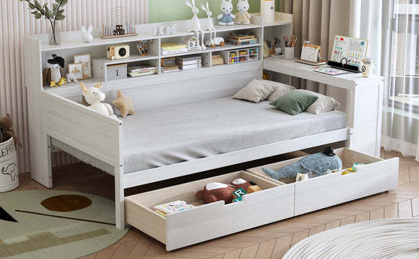 English Elm Wooden Twin Daybed with Built-In Desk, Side Shelves and Dual Drawers for Smart Space Saving Antique White 54.9 L x 18.75 W x 5.6 H N733S241484K