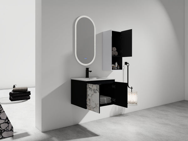 English Elm 24" Wall-Mounted Bathroom Vanity Set With Soft Close Doors, Ceramic Sink, And Side Cabinet Storage W999S00330