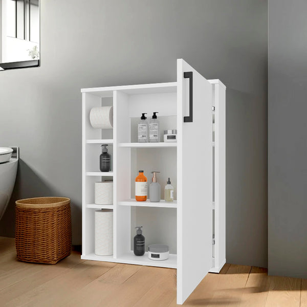 English Elm Yoder, Compact White Bathroom Cabinet with 4 Open Shelves & 1 Door, Scratch-Resistant Melamine Finish B128P375293