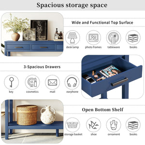 English Elm U_style Farmhouse Console Table with Three Drawers Open Shelf Entryway Organizer Navy Blue N711P410445V